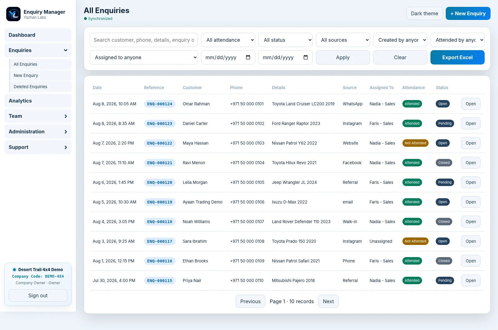 All Enquiries screen with search, filters, assignment, attendance and status.