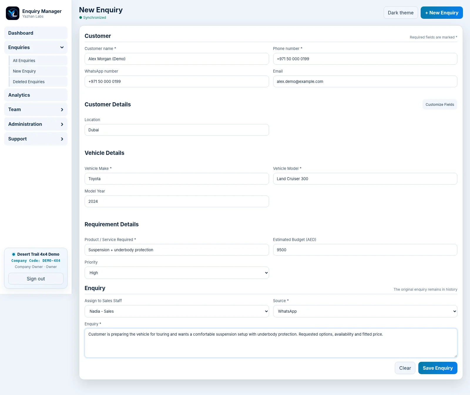New Enquiry form with configurable vehicle and requirement fields.