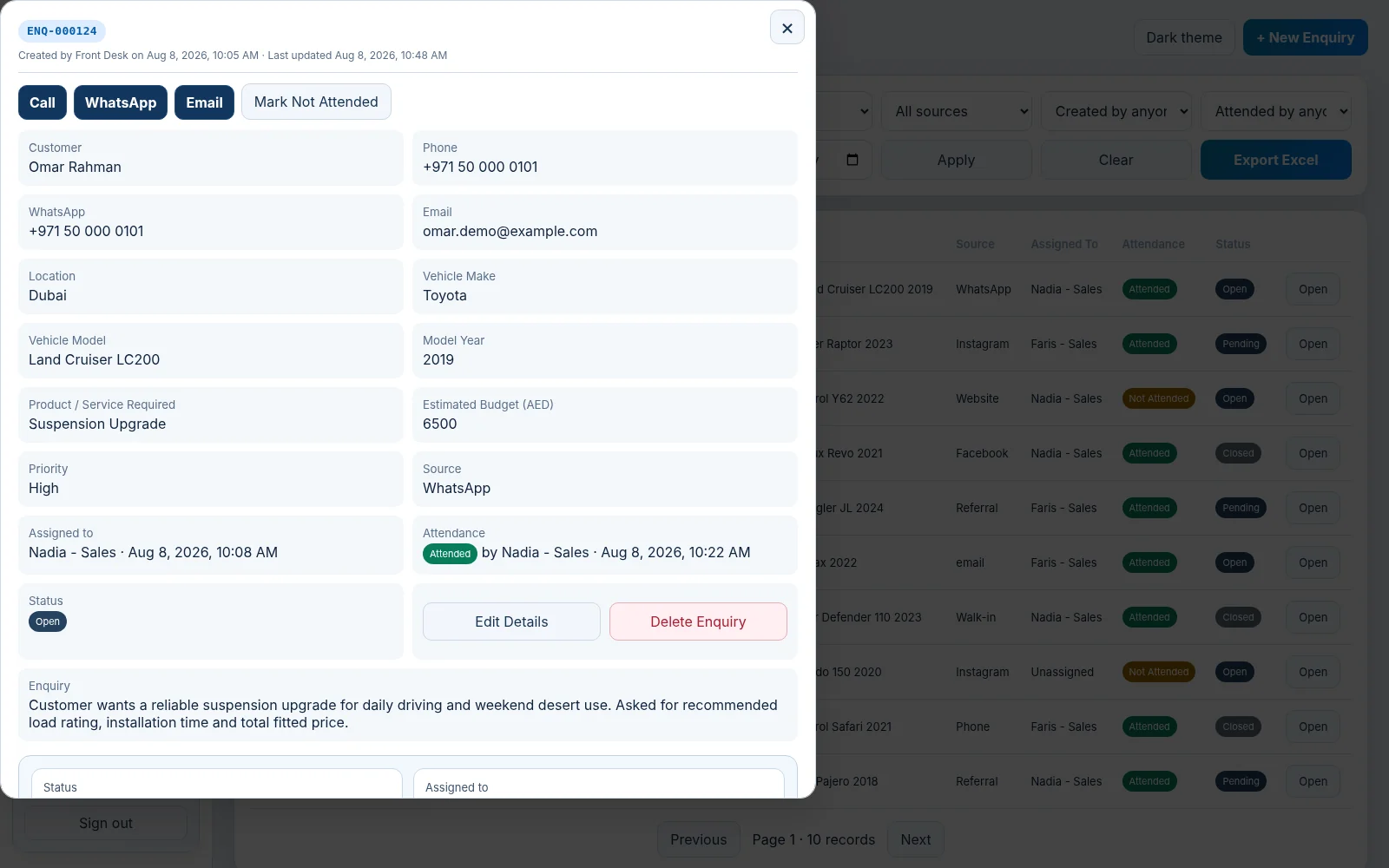 Detailed enquiry record with customer information, requirements, assignment and status controls.